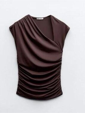 Brown Zara ruched cut out short sleeve summer top